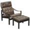 Fauteuil et Repose-Pieds Chesterfield Mid-Century en Cuir Marron, Set de 2 1