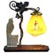 Bronze Bird & Wrought Iron Table Lamp with Painted Glass Shade, 1930s 1