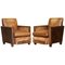 Antique Metropolitan Art Deco Hand Dyed Brown Leather Armchairs, 1920s, Set of 2 1