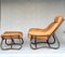 Leather and Bamboo Armchair with Ottoman, 1980s, Set of 2 1