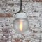 Vintage Industrial White Porcelain, Ribbed Clear Glass & Brass Pendant Lamp, Image 5