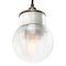 Vintage Industrial White Porcelain, Ribbed Clear Glass & Brass Pendant Lamp, Image 6