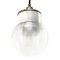 Vintage Industrial White Porcelain, Ribbed Clear Glass & Brass Pendant Lamp 4