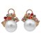 Boucles d'Oreilles Perles Blanches, Diamants, Saphirs Multicolores et Or Rose 14 Carats, Set de 2 1