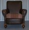 Edwardian Walnut Brown Leather Three-Piece Sofa, Armchairs Suite Tartan Cushions, Set of 3 15