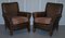 Edwardian Walnut Brown Leather Three-Piece Sofa, Armchairs Suite Tartan Cushions, Set of 3 13