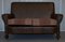 Edwardian Walnut Brown Leather Three-Piece Sofa, Armchairs Suite Tartan Cushions, Set of 3 4
