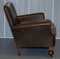 Edwardian Walnut Brown Leather Three-Piece Sofa, Armchairs Suite Tartan Cushions, Set of 3 11