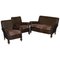 Edwardian Walnut Brown Leather Three-Piece Sofa, Armchairs Suite Tartan Cushions, Set of 3 1