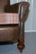 Edwardian Walnut Brown Leather Three-Piece Sofa, Armchairs Suite Tartan Cushions, Set of 3, Image 7