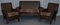 Edwardian Walnut Brown Leather Three-Piece Sofa, Armchairs Suite Tartan Cushions, Set of 3 2