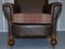 Edwardian Walnut Brown Leather Three-Piece Sofa, Armchairs Suite Tartan Cushions, Set of 3 18