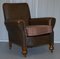 Edwardian Walnut Brown Leather Three-Piece Sofa, Armchairs Suite Tartan Cushions, Set of 3 14