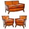 Edwardian Studded Whisky Brown Leather Tub Club Sofa & Armchairs, Set of 3 1