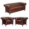 Bordeaux Leather Chesterfield Club Sofa & Armchairs on Turned Legs, Set of 3 1
