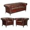 Bordeaux Leather Chesterfield Club Sofa & Armchairs on Turned Legs, Set of 3, Image 1