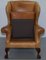 Victorian Walnut and Brown Leather Armchairs with Claw & Ball Feet, Set of 2 8