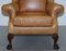 Victorian Walnut and Brown Leather Armchairs with Claw & Ball Feet, Set of 2 15