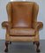 Victorian Walnut and Brown Leather Armchairs with Claw & Ball Feet, Set of 2 3