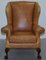 Victorian Walnut and Brown Leather Armchairs with Claw & Ball Feet, Set of 2, Image 13