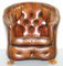 Brown Leather Curved Back Chesterfield Sofa & Armchairs with Lion Hairy Paw Feet, Set of 3 10