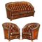 Brown Leather Curved Back Chesterfield Sofa & Armchairs with Lion Hairy Paw Feet, Set of 3 1