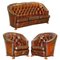 Canapé Chesterfield en Cuir Marron avec Pieds Poilu, Set de 3 1