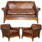 Marquetry Walnut Inlay and Brown Leather Sofa & Armchairs by Thomas Chippendale, Set of 3, Image 1