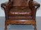 Marquetry Walnut Inlay and Brown Leather Sofa & Armchairs by Thomas Chippendale, Set of 3, Image 6