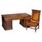 Antique Russian Hardwood & Gilt Metal Partner Desk & Leather Armchair, Set of 2 1