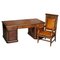 Bureau Partner Antique en Bois Dur et Métal Doré & Fauteuil en Cuir, Russie, Set de 2 1