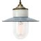 Vintage Industrial Blue Enamel, Brass, Porcelain & Clear Glass Pendant Light 1