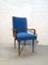 Solid Walnut Armchair with Black Iron Legs, Brass Details & Blue Velvet Fabric Attributed to Ico Parisi, 1950s 1