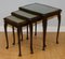Queen Anne Style Hardwood Nesting Tables with Green Embossed Leather Top, Image 3