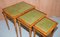 Yew Wood & Gold Leaf Embossed Nesting Tables with Green Leather Tops, Set of 3 3