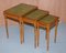 Yew Wood & Gold Leaf Embossed Nesting Tables with Green Leather Tops, Set of 3 2