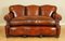 Edwardian Hand-Dyed Whisky Brown Leather Sofa with Feather Filled Cushion 1