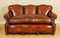 Edwardian Hand-Dyed Whisky Brown Leather Sofa with Feather Filled Cushion, Image 1
