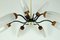 Mid-Century Sputnik Kronleuchter aus Teak, Metall & Messing mit 9 gestreiften Glasschirmen 3