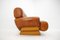 Poltrone e divano a tre posti in legno e pelle color cognac, Italia, anni '70, set di 3, Immagine 8