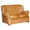Small Wide Tan or Brown Leather Tufted Chesterfield Sofa with High Back 1