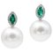Emerald, White Pearl, White Diamond & 14 Karat White Gold Stud Earrings, Set of 2 1