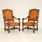 Antique Swedish Leather and Walnut Armchairs, Set of 2 1