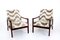 Mid-Century Wood and Patterned Beige & White Fabric Armchairs, Italy, Set of 2 1