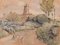 Postimpressionistische Skizze einer Kirche in einer Landschaft, 20. Jh., Pastellkreide und Bleistift auf Papier, gerahmt 1