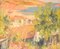 R Saralid, paisaje costero impresionista con pueblo, mediados del siglo XX, óleo sobre lienzo, Imagen 1