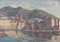 Port Scene with Fishing Boats and Mountains, 1940s, Oil on Board 1