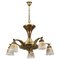 Lustre à 5 Lampes Art Nouveau en Laiton et Bronze avec Abat-Jour en Verre Givré 1