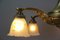 Lustre à 5 Lampes Art Nouveau en Laiton et Bronze avec Abat-Jour en Verre Givré 8