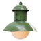 Lampe à Suspension Industrielle Vintage en Émail Vert et Verre Opalin 4
